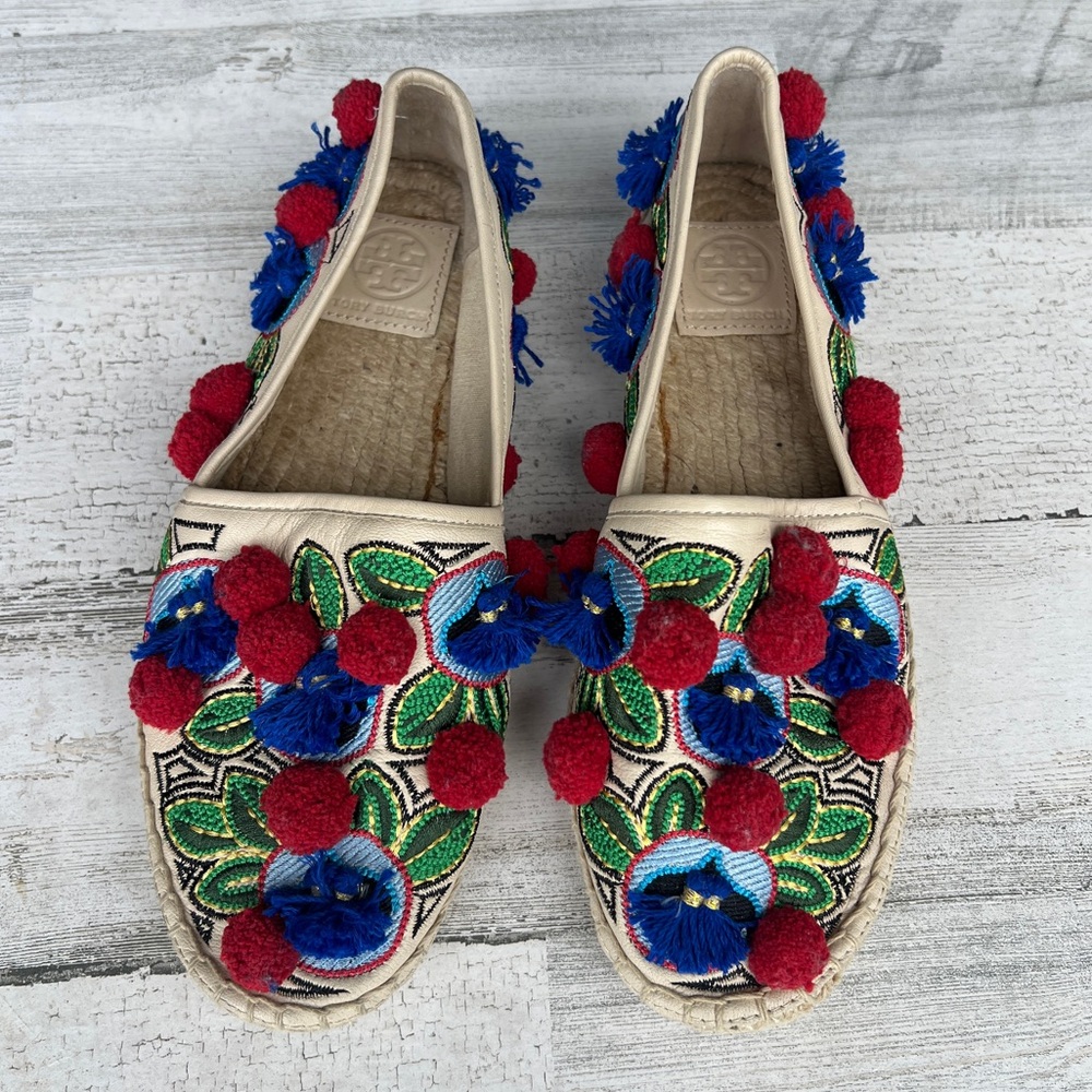 Tory Burch Ellis Pom Pom Embroidered Espadrille Flats Leather Textile Shoes 7.5 - Picture 3 of 11
